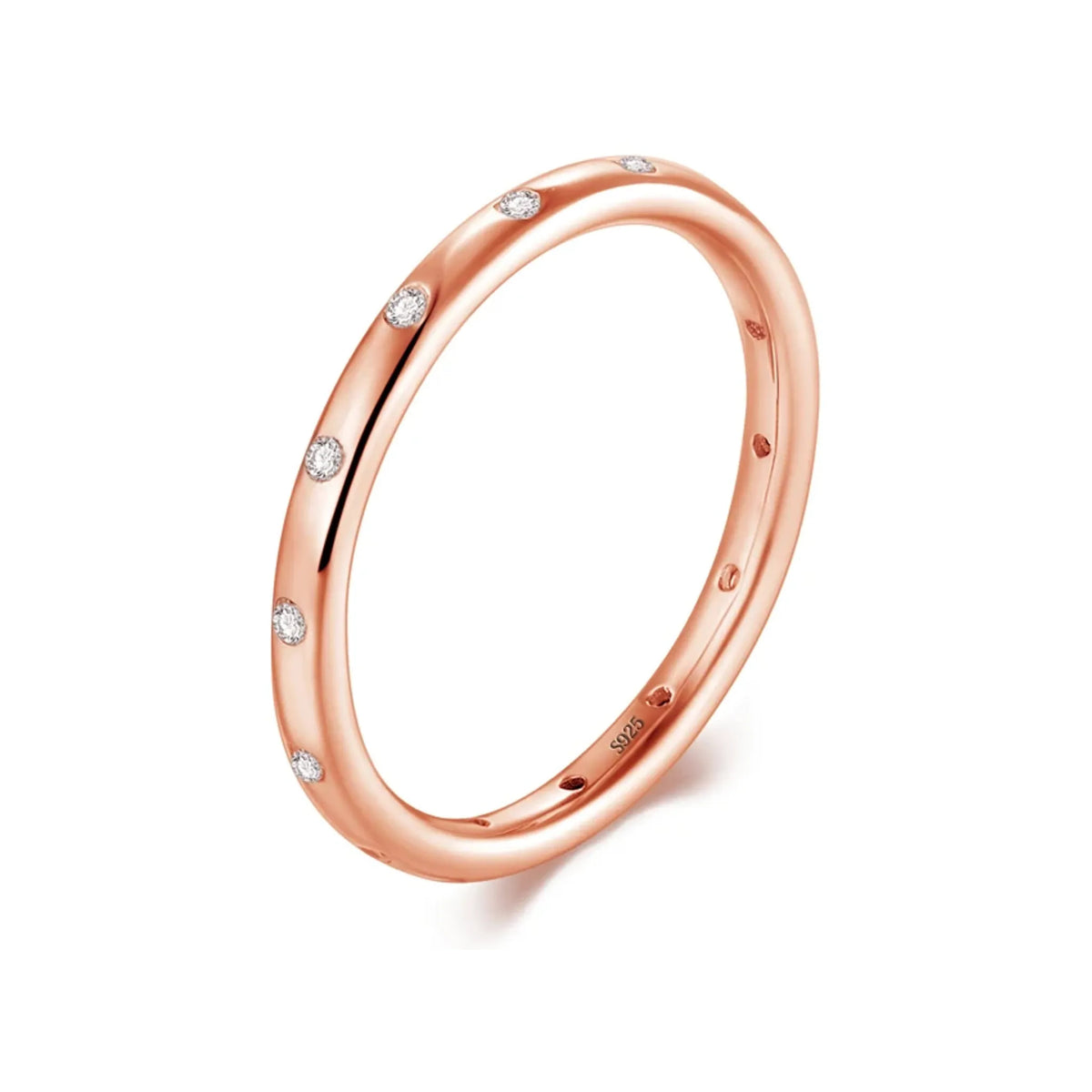 Slim scattered-stone band ring in rose gold-tone on white background