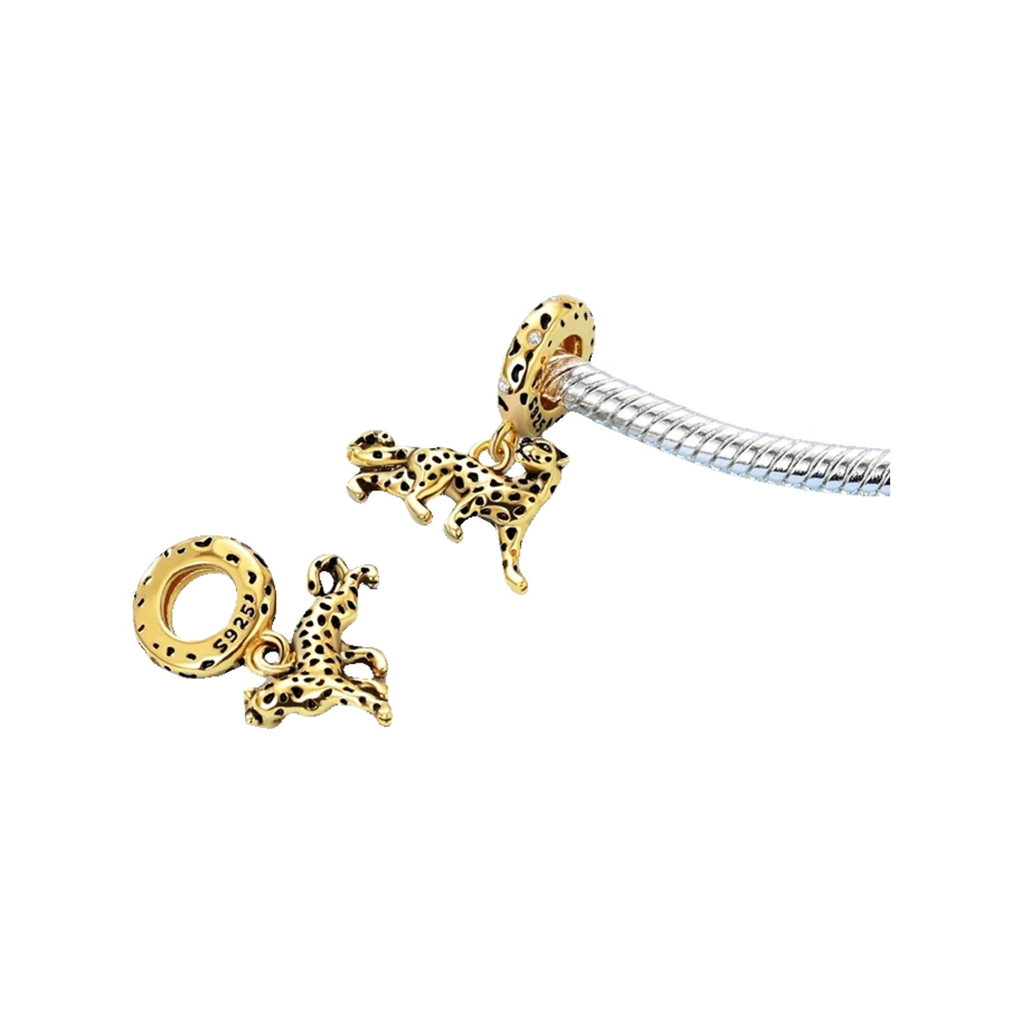 Gold-tone spotted cat dangle charm with dark spot detailing shown on a bracelet