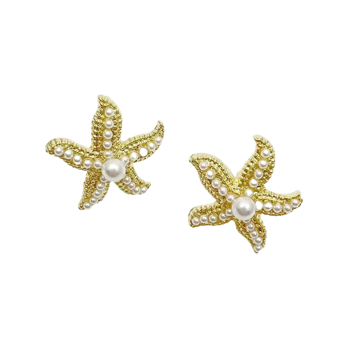 Gold-tone starfish stud earrings with pearl beads on a clean white background
