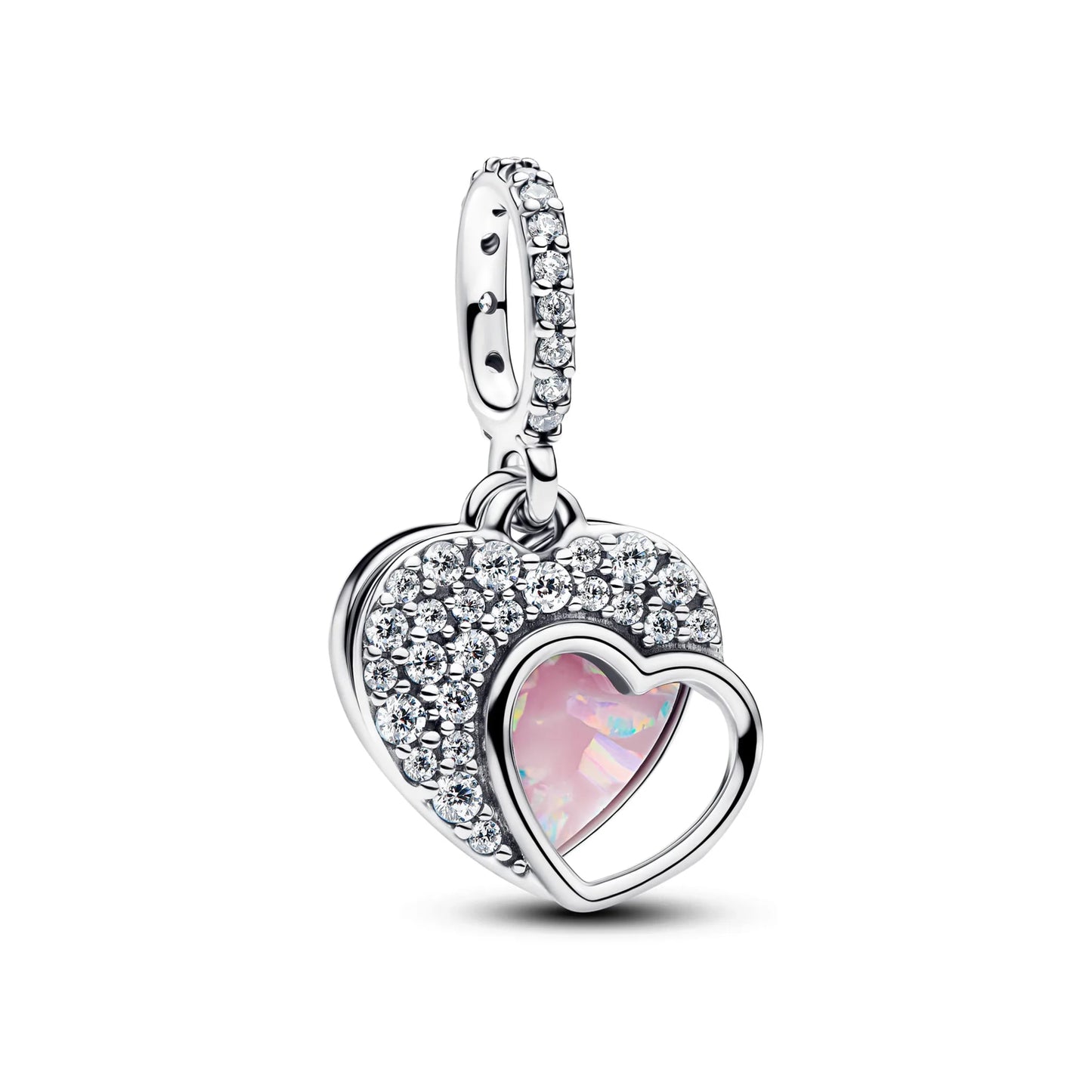 double heart dangle charm with pavé crystals and a pink opalescent center