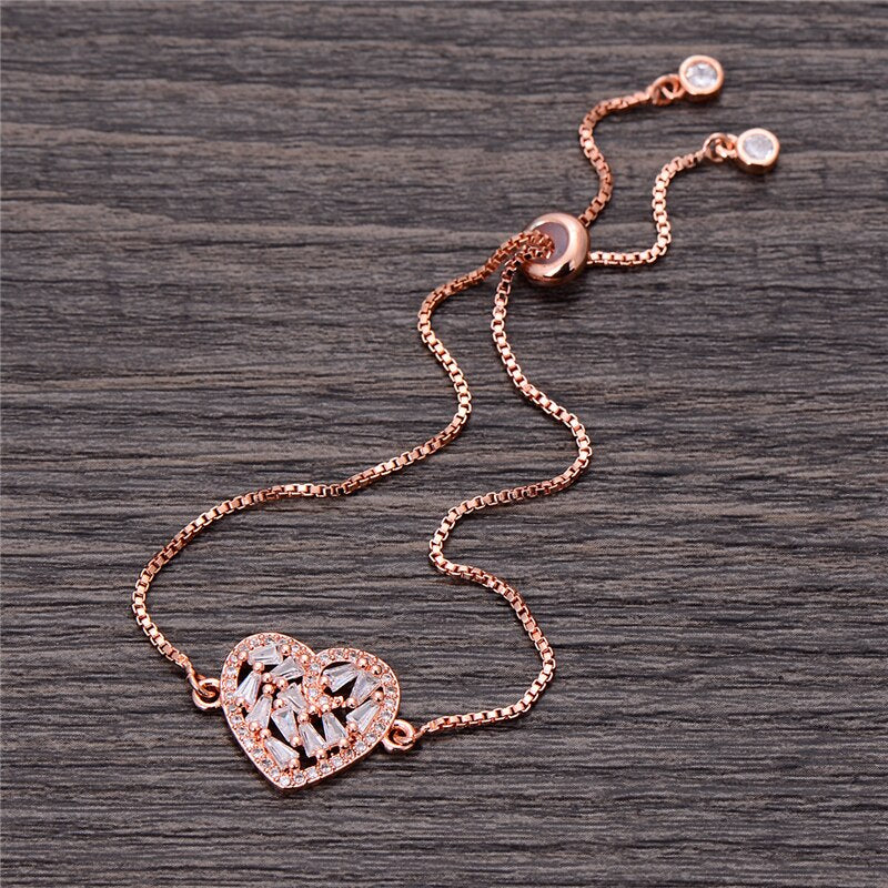 Shiny Zircon Heart Charm Bracelet with an adjustable Chain