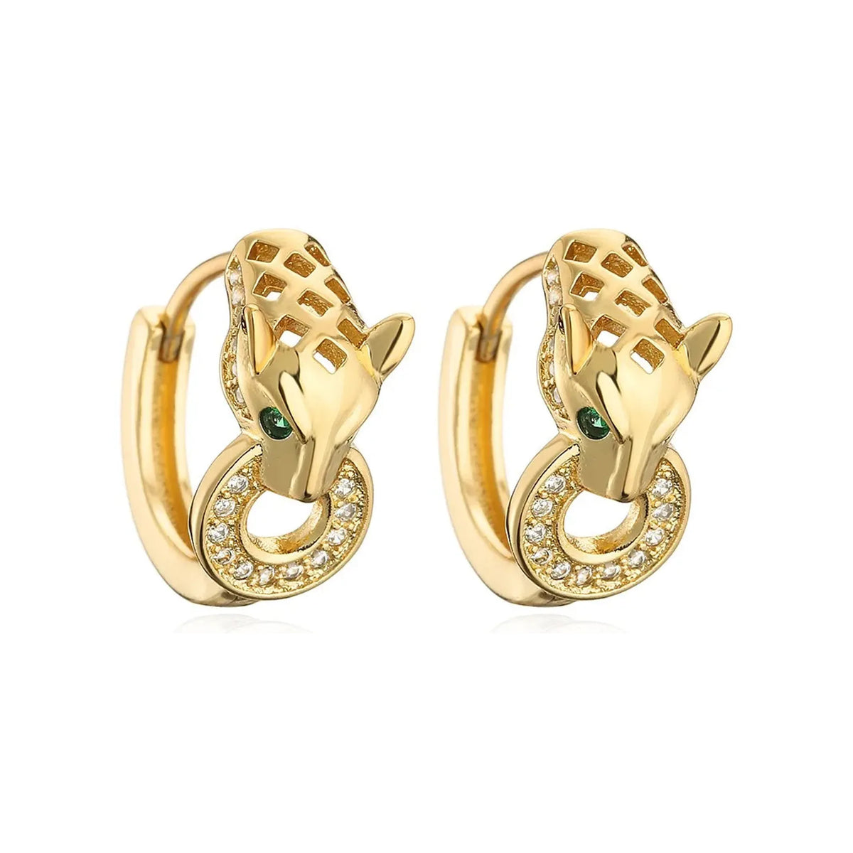 Gold-tone huggie hoops with leopard heads holding a small crystal-studded ring, angled view