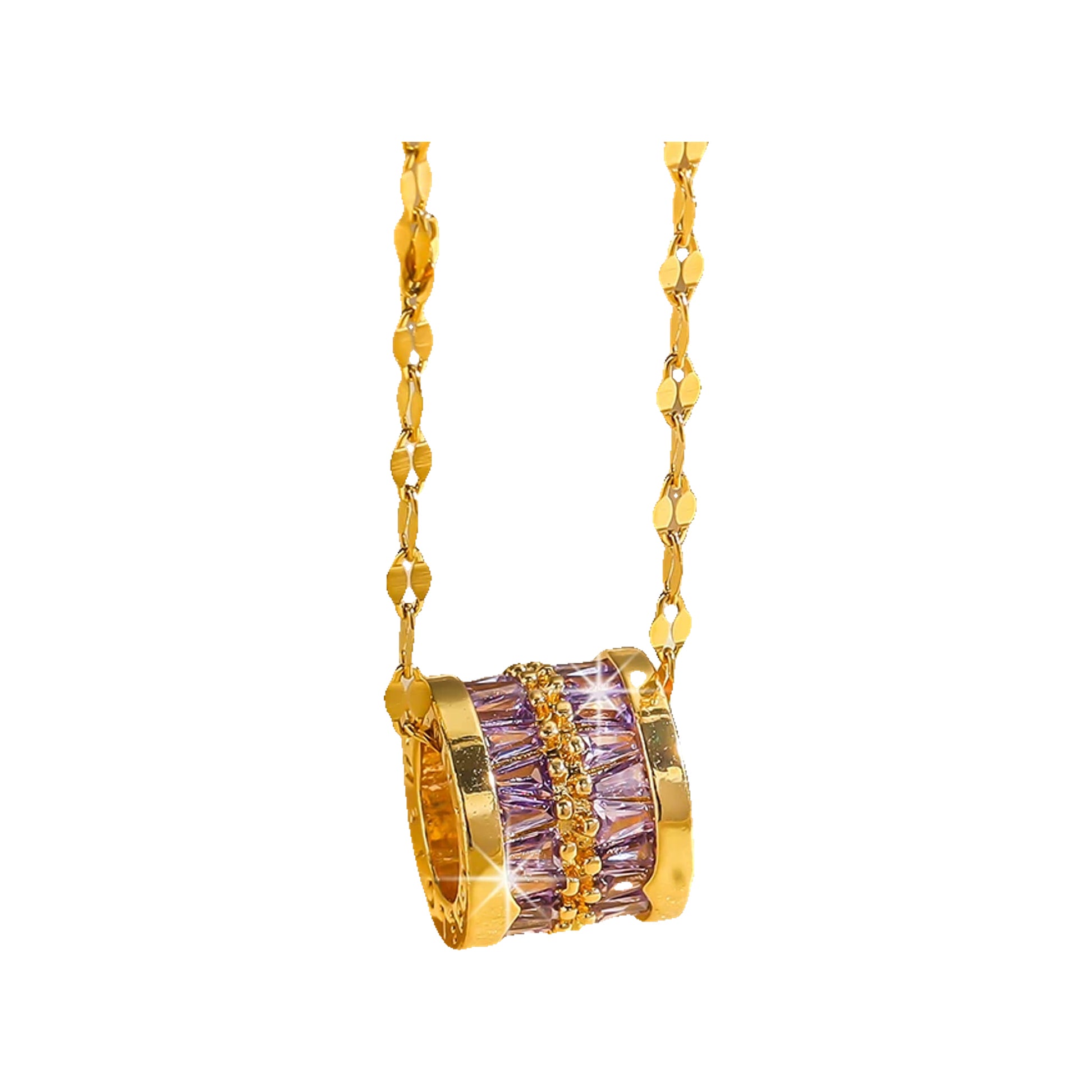 Gold-tone barrel pendant necklace with purple baguette crystals suspended from a faceted chain