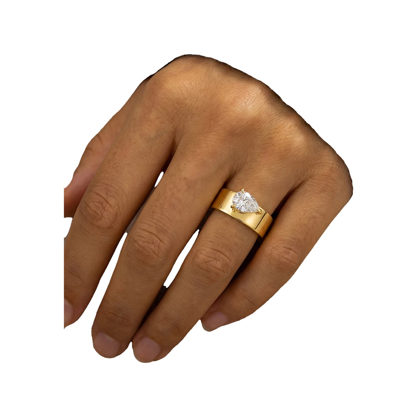 gold-tone pear-cut ring set on a wide band worn with a sweater cuff