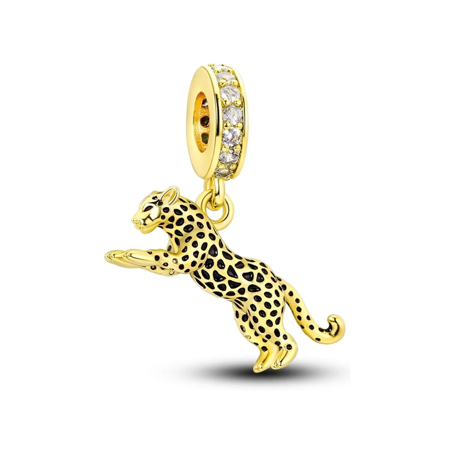 Gold-tone leaping spotted cat charm with black enamel spots and crystal-set bail
