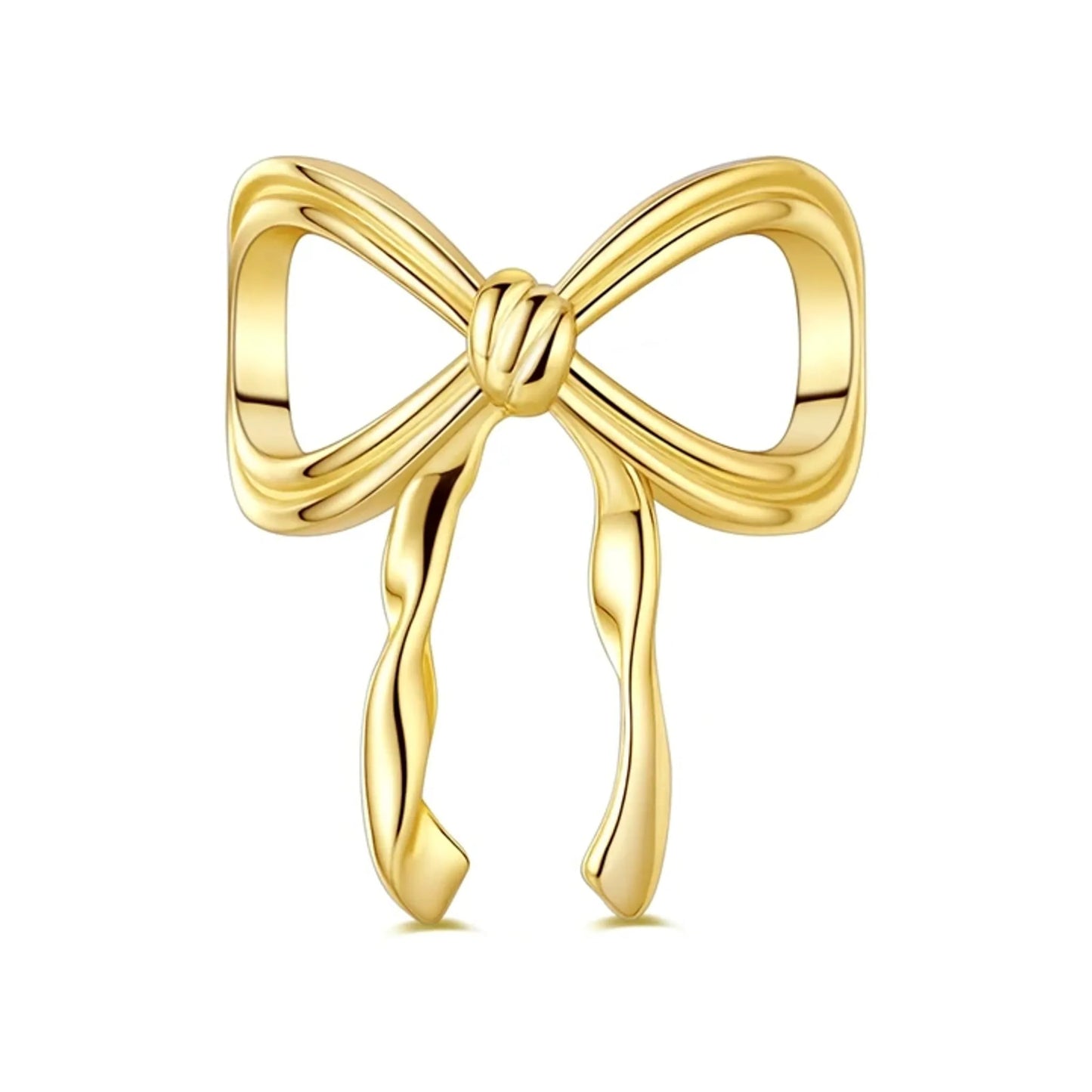 gold-tone open ribbon bow charm with flowing tails and smooth polished surface