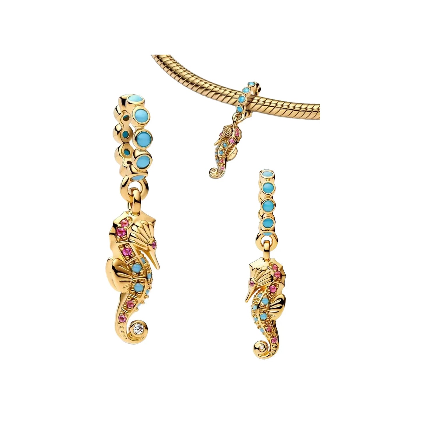 Gold-tone seahorse dangle charm with turquoise enamel dots and pink stones