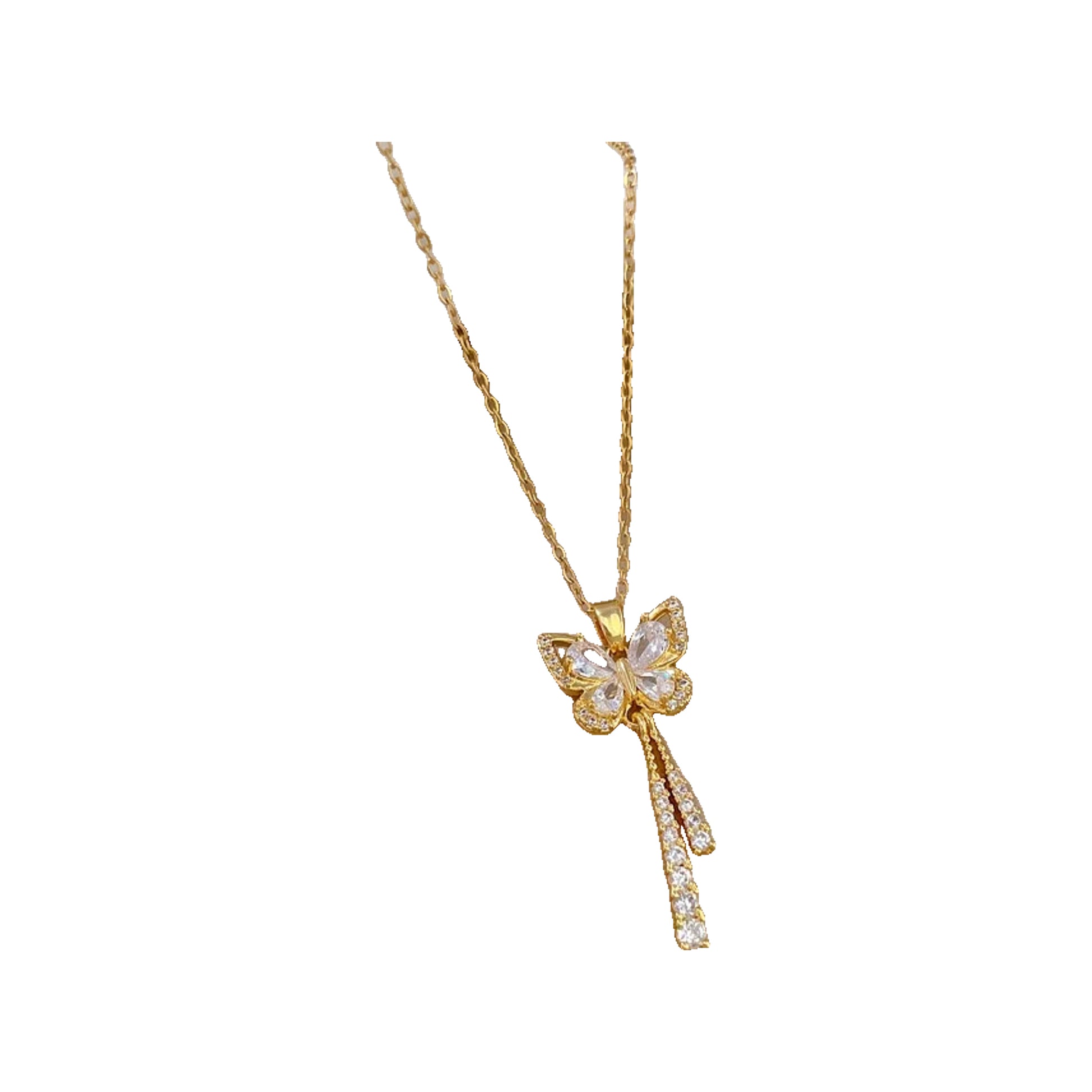 Gold-tone seahorse pendant necklace with clear pave stones on a textured chain, displayed in a gift box.