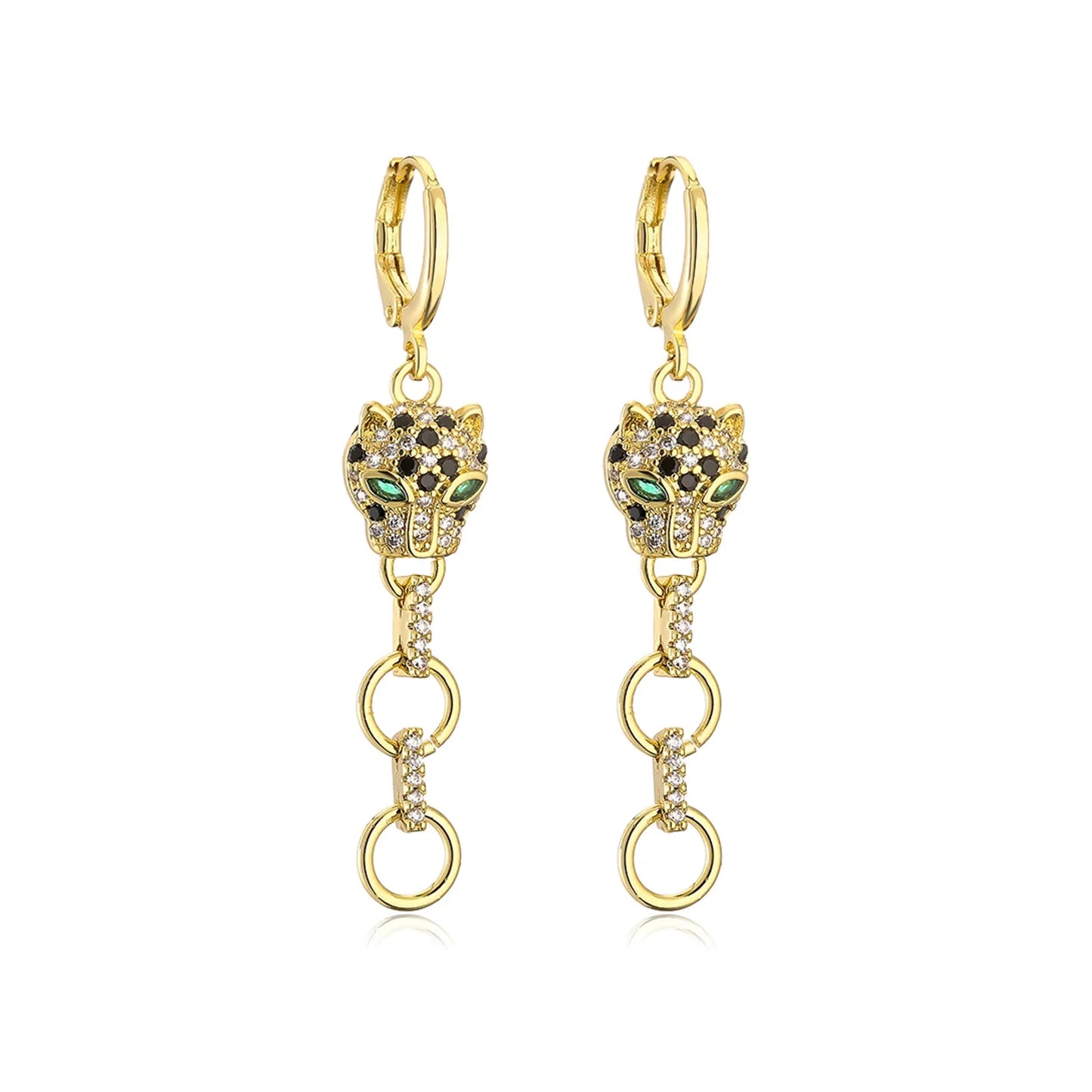 Pair of gold-tone leopard head huggie earrings with dangling linked rings on a white background