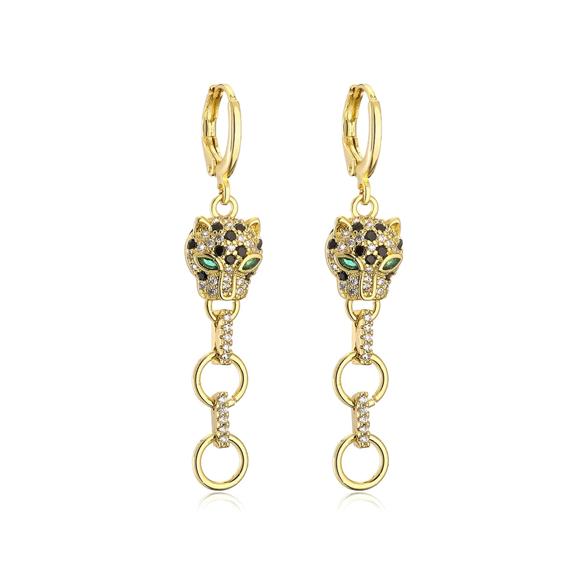 Pair of gold-tone leopard head huggie earrings with dangling linked rings on a white background
