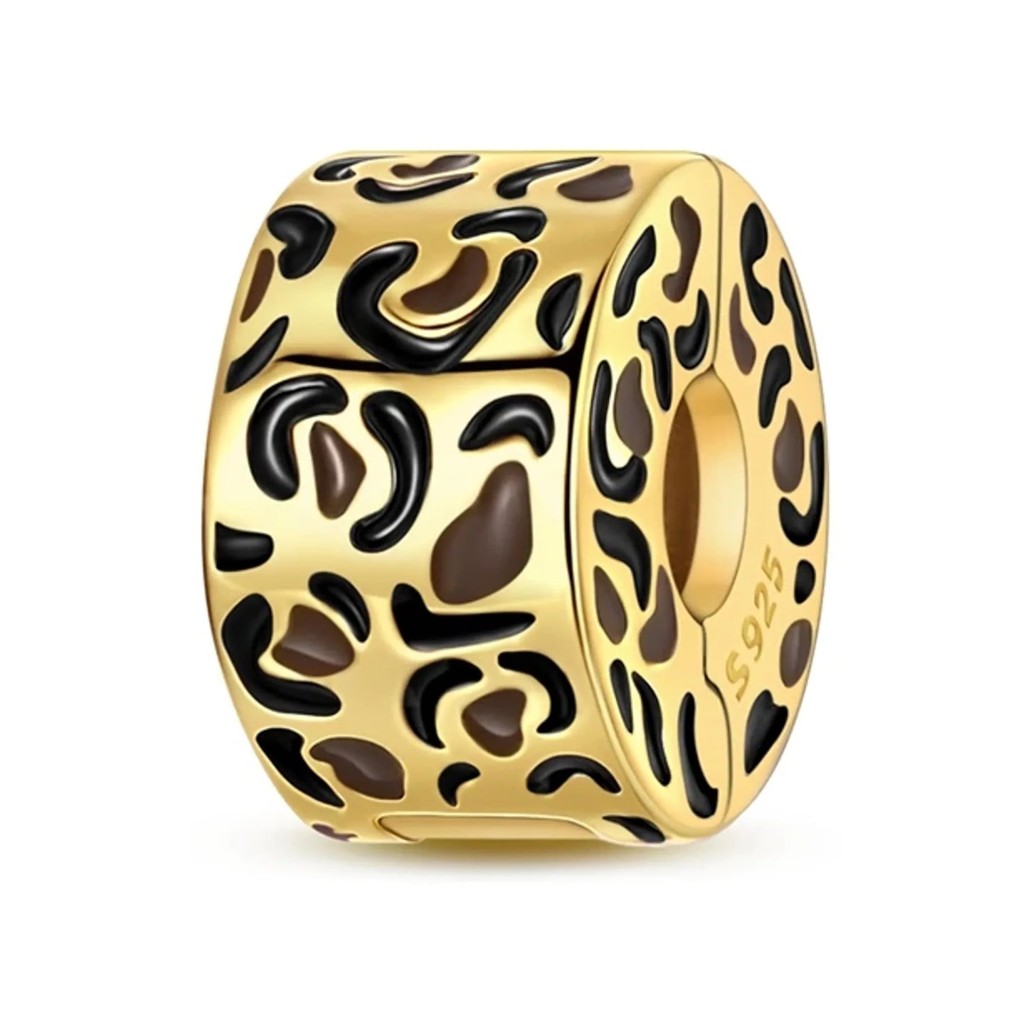 gold-tone barrel bead with leopard-pattern enamel detailing
