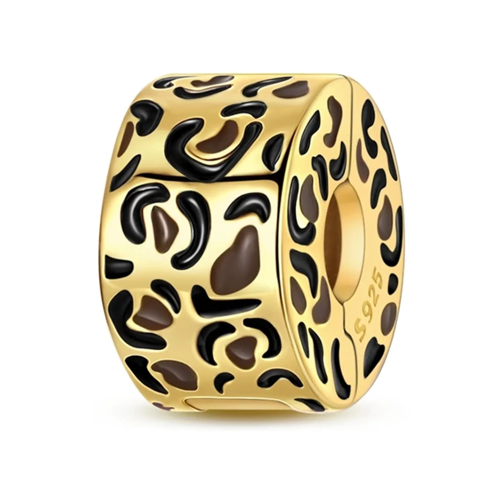 gold-tone barrel bead with leopard-pattern enamel detailing