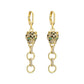 Pair of leopard head huggie earrings shown with linked rings on white background with size overlay
