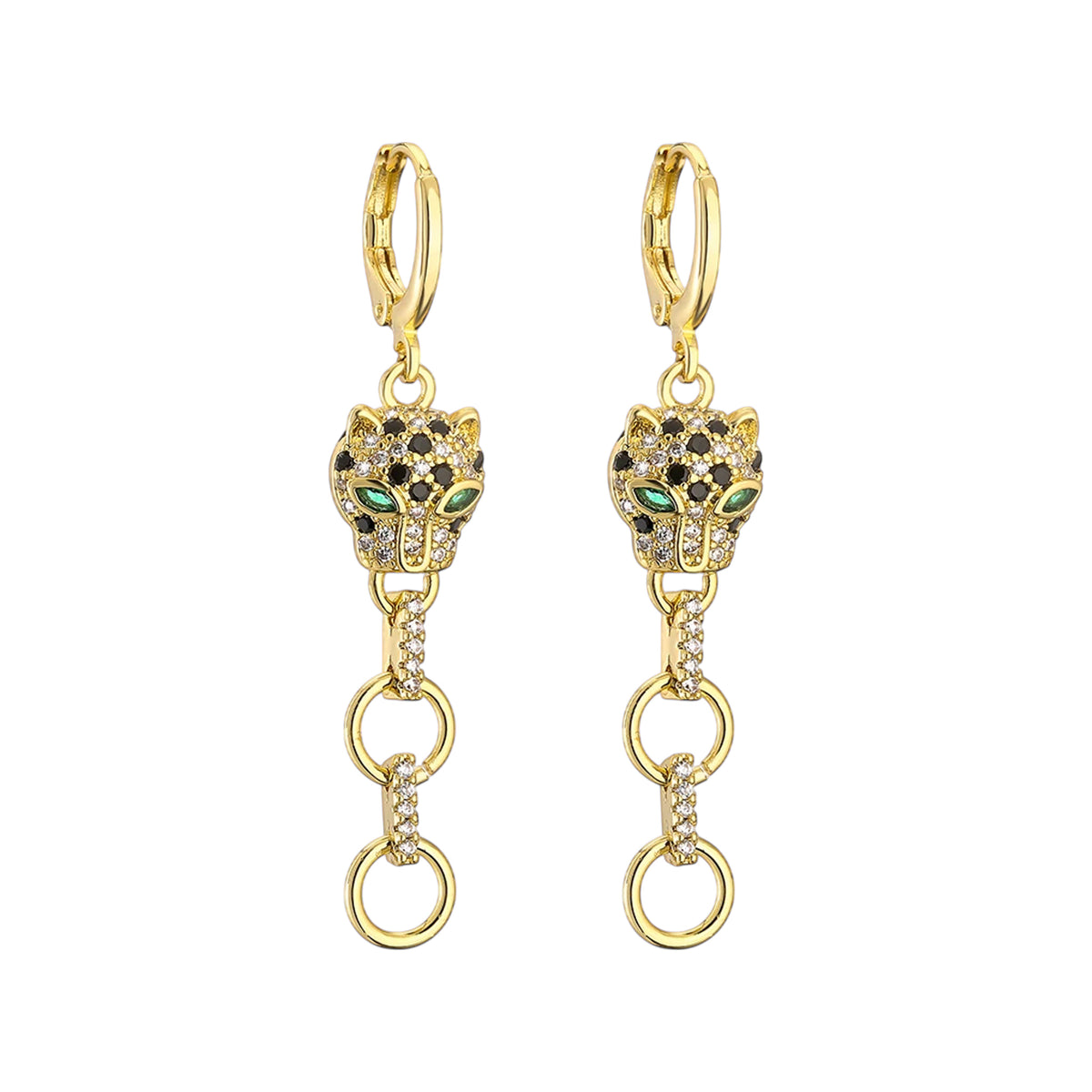 Pair of leopard head huggie earrings shown with linked rings on white background with size overlay