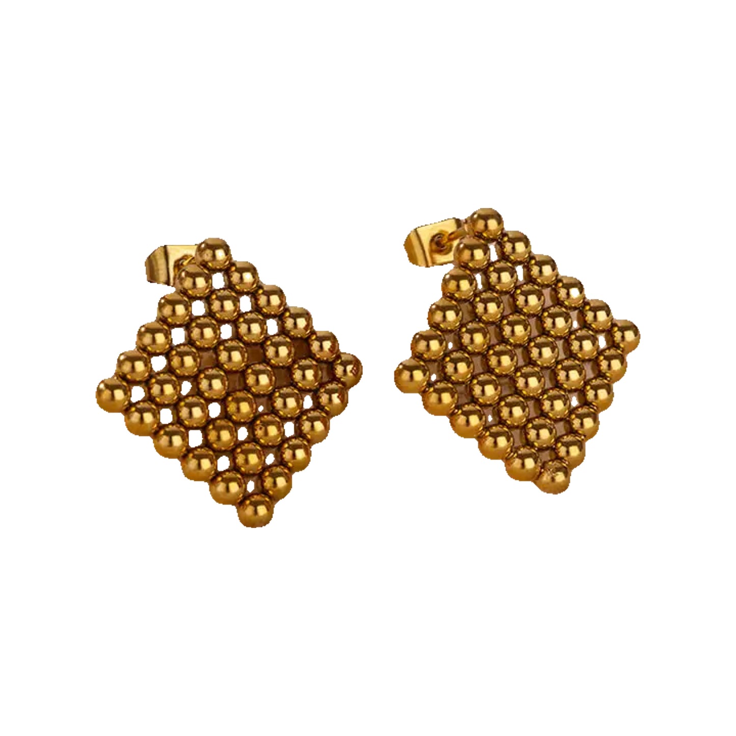 pair of gold-tone beaded square stud earrings on a stone slab