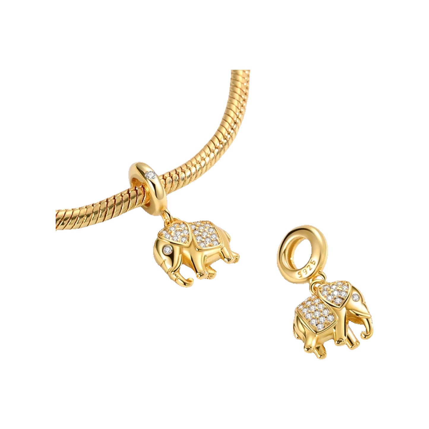 Pair of gold-tone elephant dangle charms with crystal-studded bodies shown on a bracelet