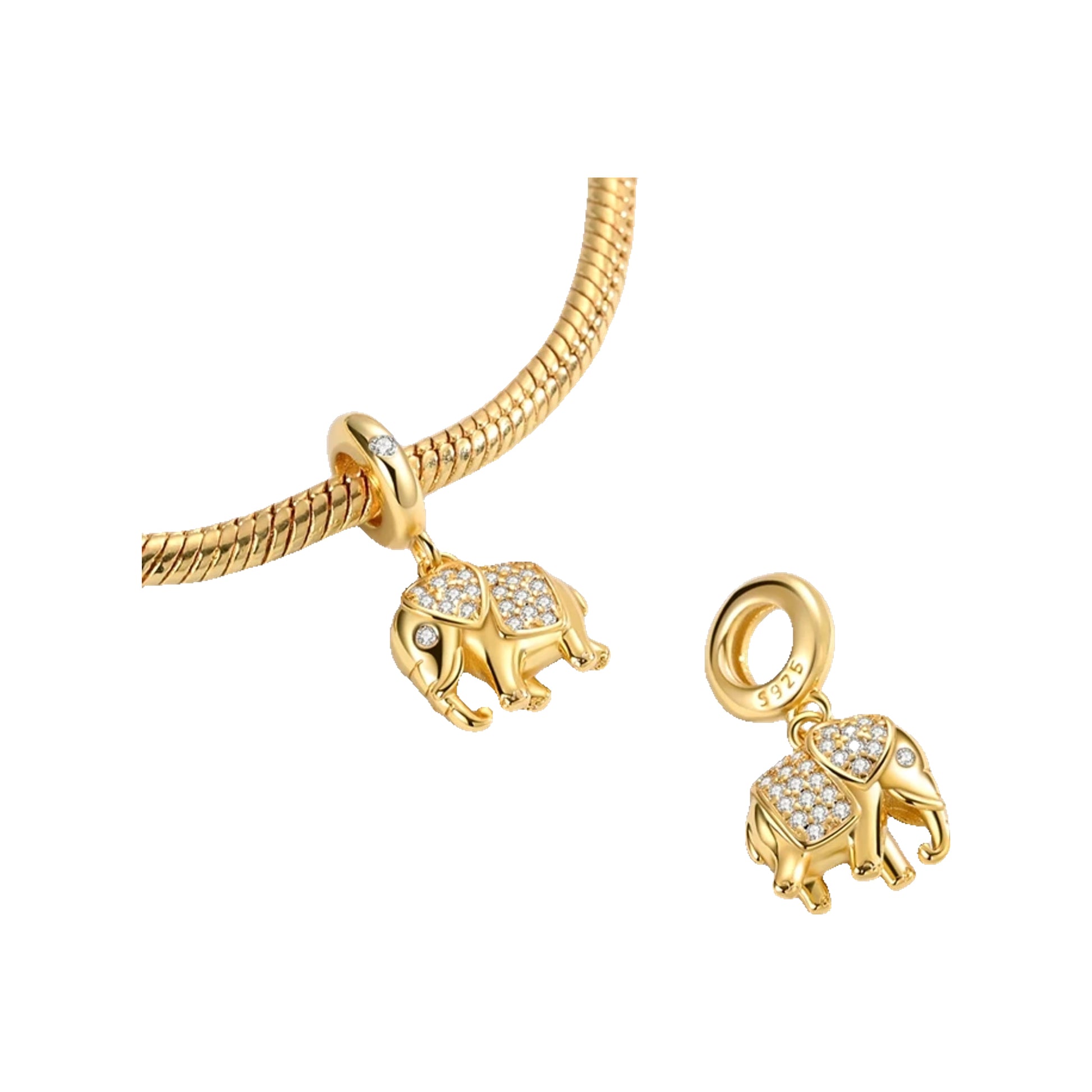 Pair of gold-tone elephant dangle charms with crystal-studded bodies shown on a bracelet