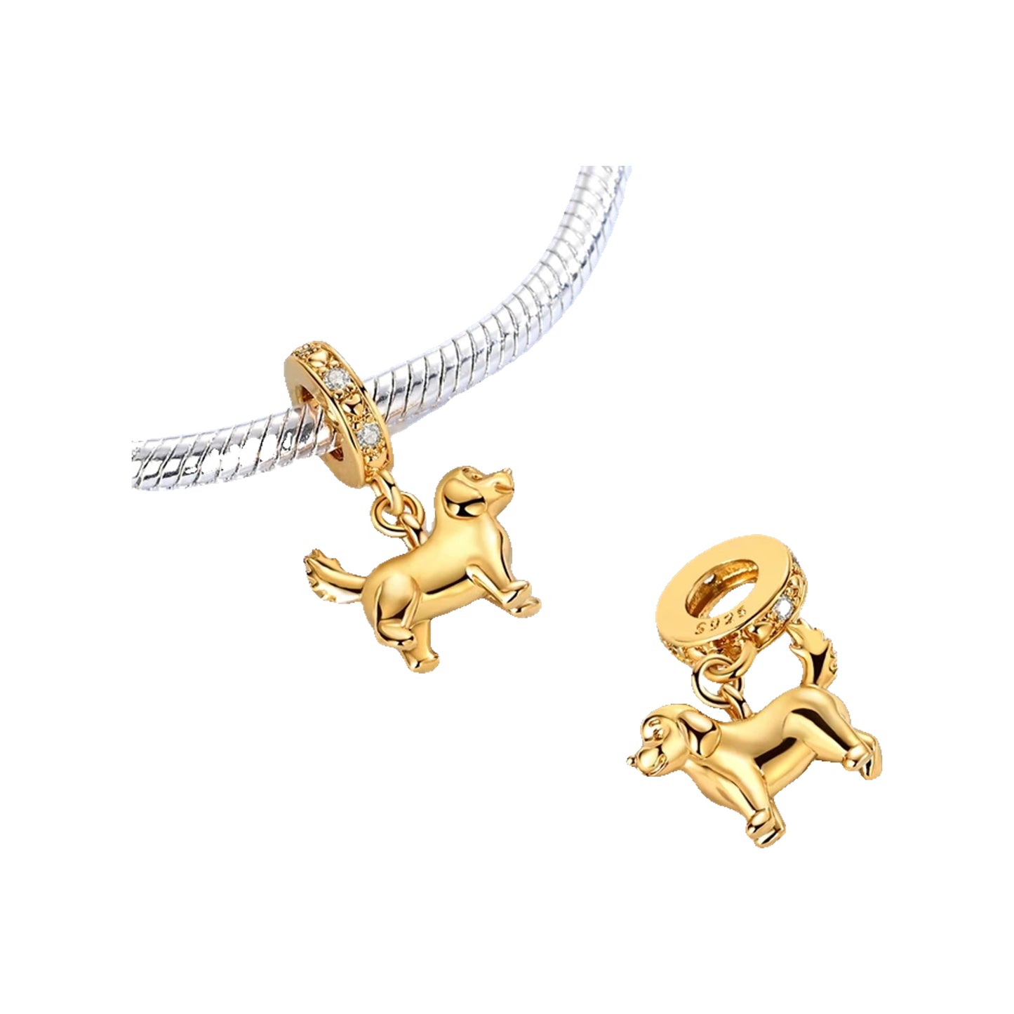 Gold-tone dachshund dog dangle charm shown on a bracelet and as a loose charm