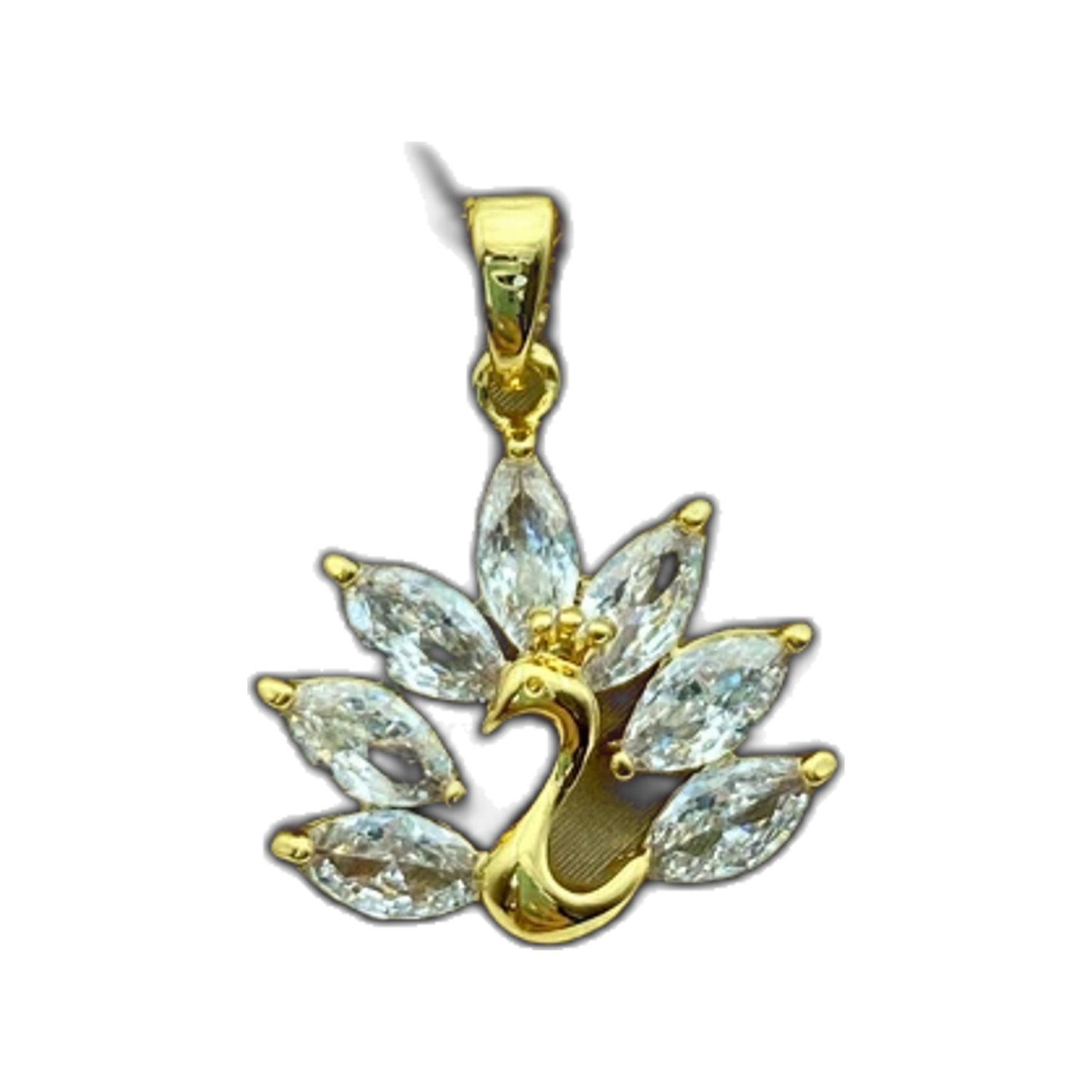 gold-tone swan pendant necklace with marquise clear wings displayed on a box