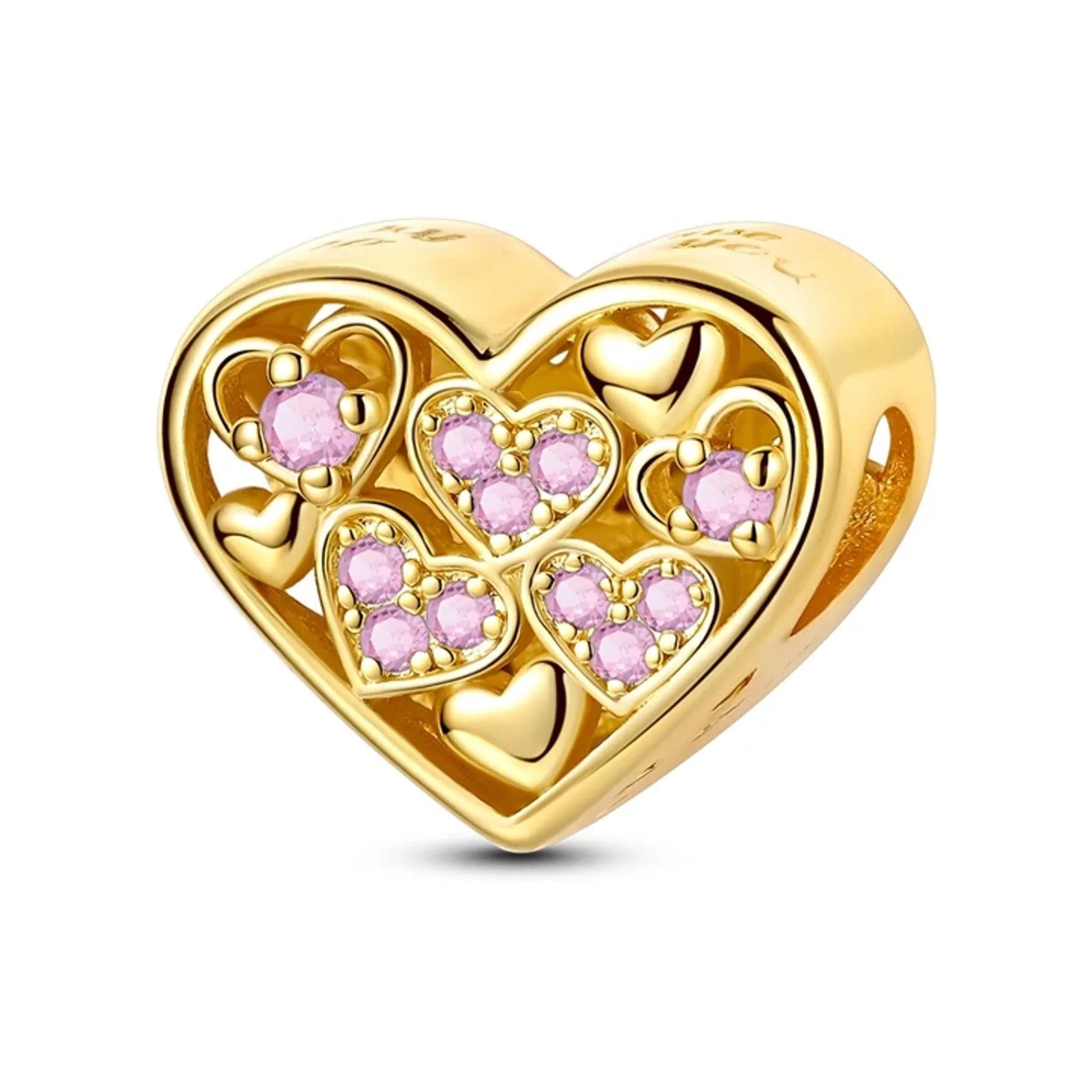gold-tone puffed heart bead with clustered pink-stone heart motifs inside