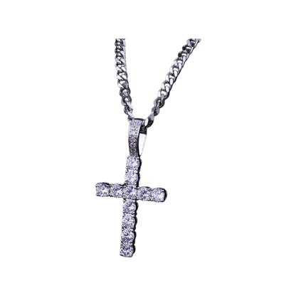 Small Iced Cross pendant on a silver-tone chain with clear sparkling stones