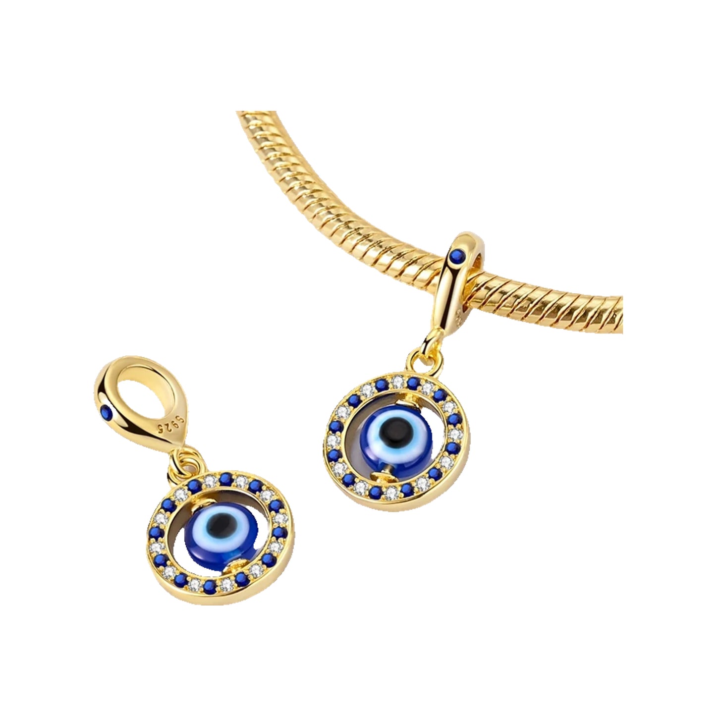 Gold-tone evil eye dangle charms with blue concentric enamel and blue accent details