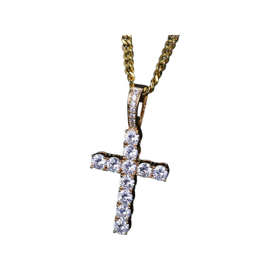 Gold-tone curb chain with small cross pendant set with clear round stones and a stone-paved bail