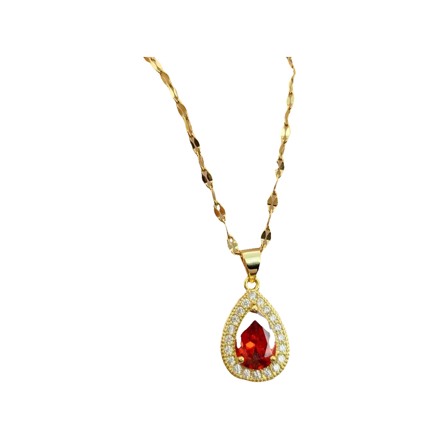 gold-tone teardrop pendant necklace held in hand to show scale