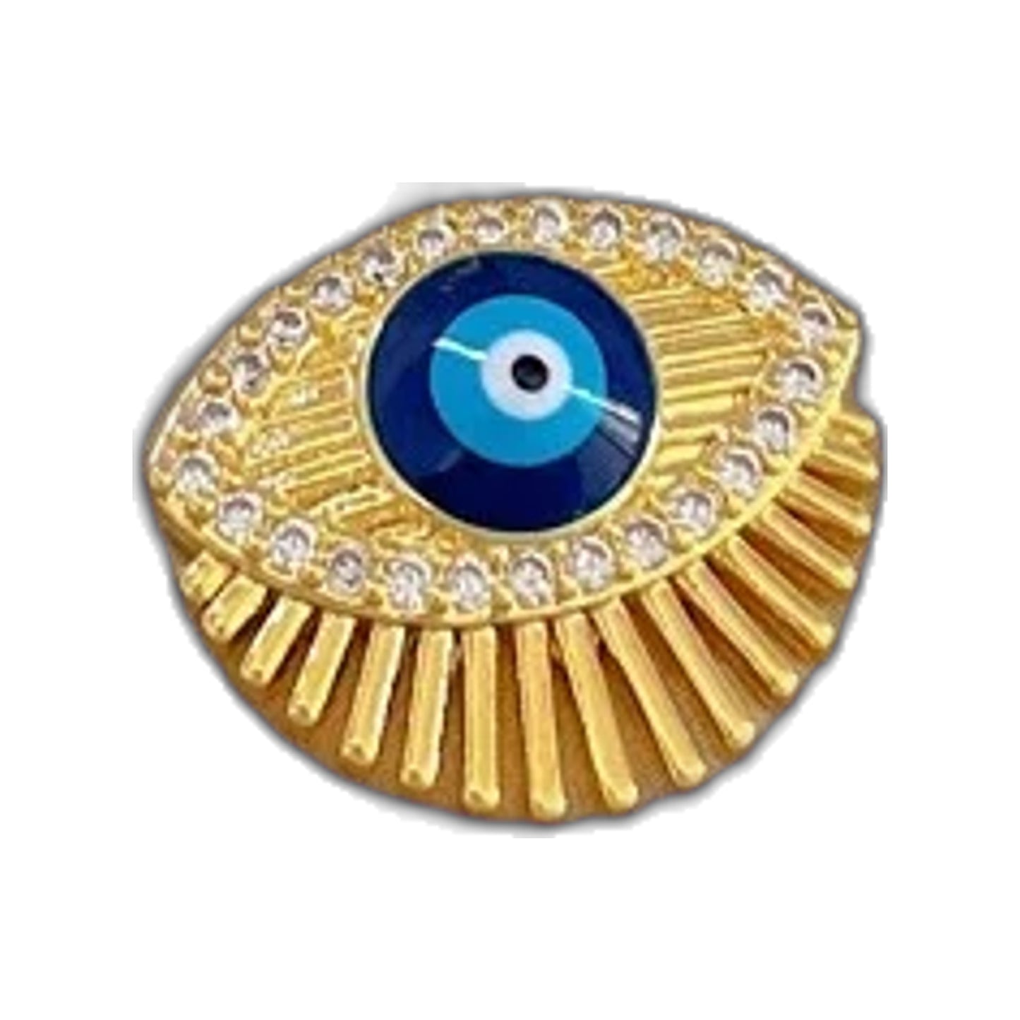 Gold-tone eye pendant with blue center and radiant fringe resting on a beige cushion