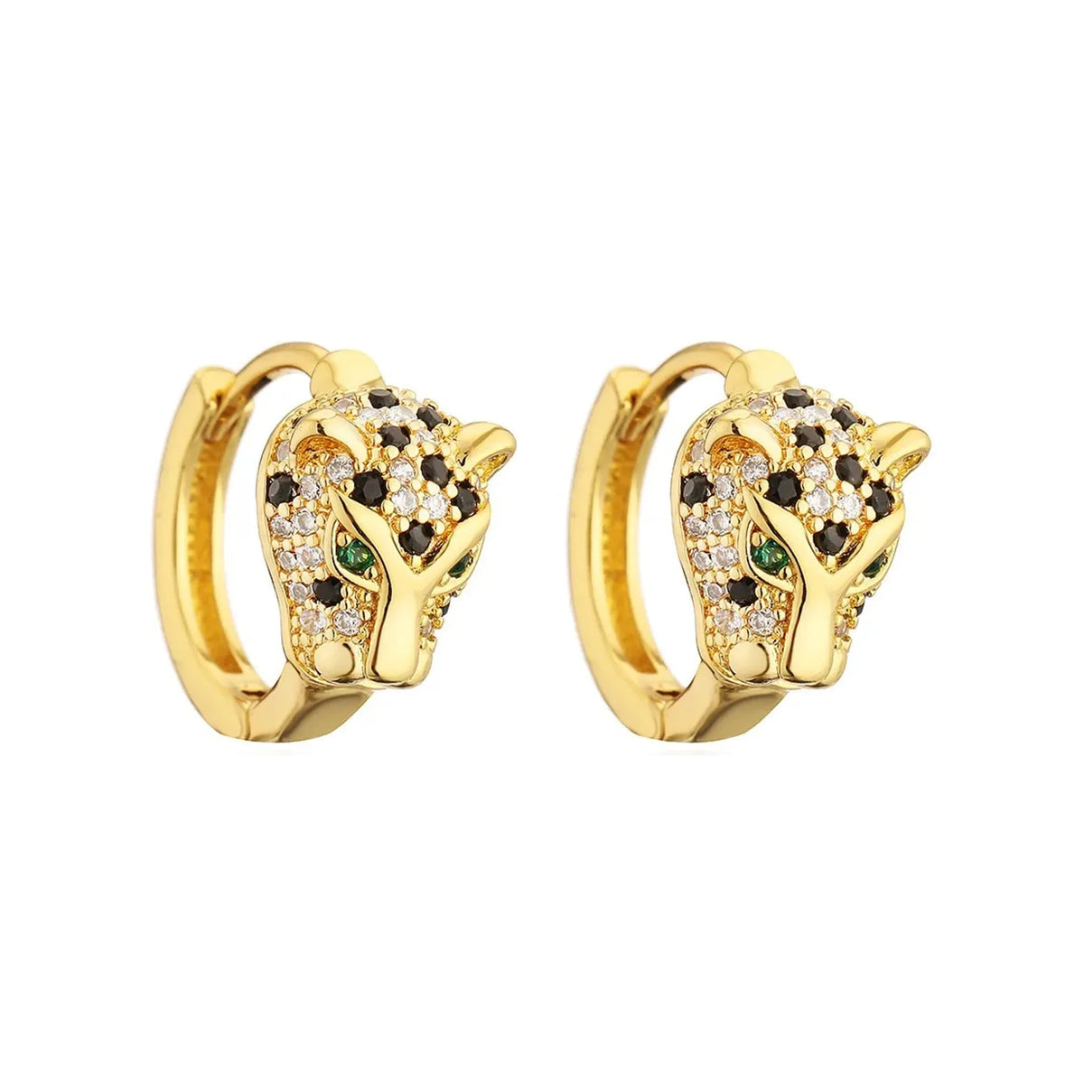 Small gold-tone huggie hoops topped with pavé leopard heads and green eye accents