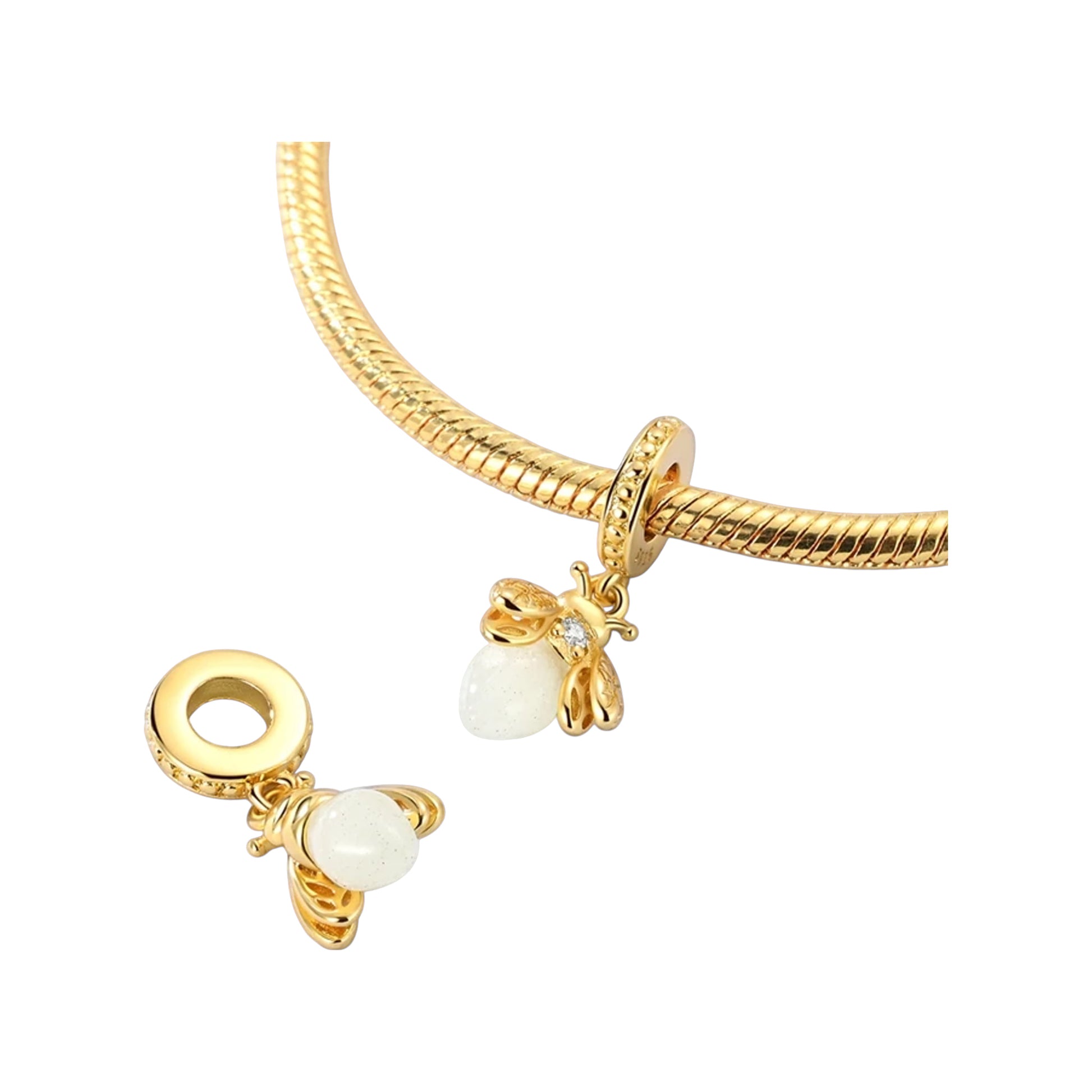 Gold-tone bee dangle charm with milky stone body and crystal accents