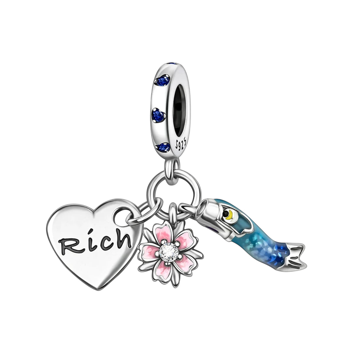 Triple dangle charm with script heart, pink enamel flower and blue enamel fish