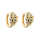 Pair of gold-tone leopard head huggie hoops with green marquise eye stones shown from the side
