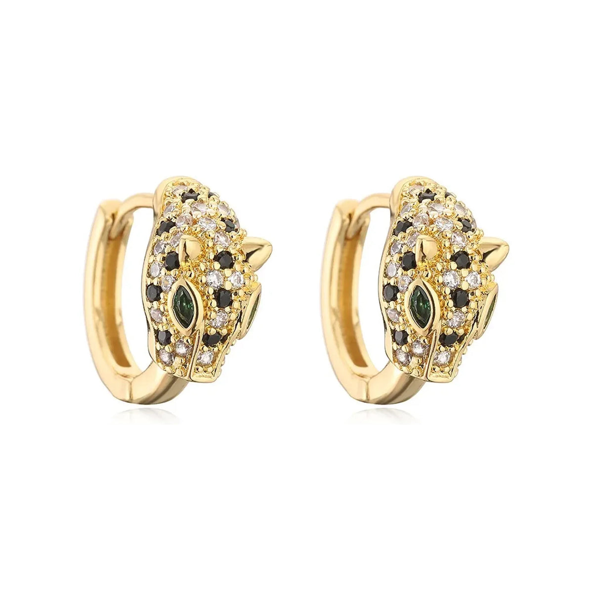 Pair of gold-tone leopard head huggie hoops with green marquise eye stones shown from the side