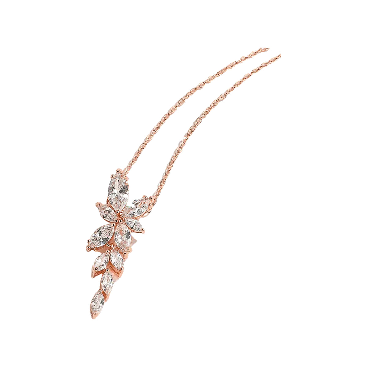 Rose gold-tone leaf cluster pendant with clear marquise stones on a rope-style chain