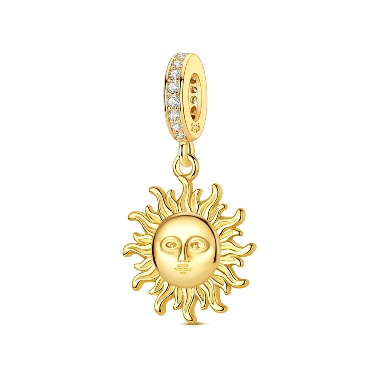 Gold-tone sun face dangle charm with textured rays and crystal-accented bail