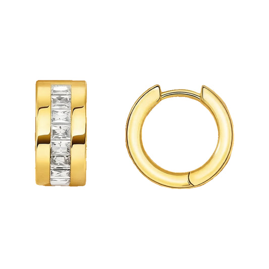 Gold-tone huggie hoops with channel-set white stones, one showing hinge on fabric