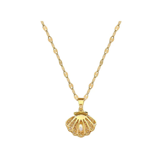 Gold-tone scallop shell pendant with pearl-like accent on a light-catching chain, shown on white background.