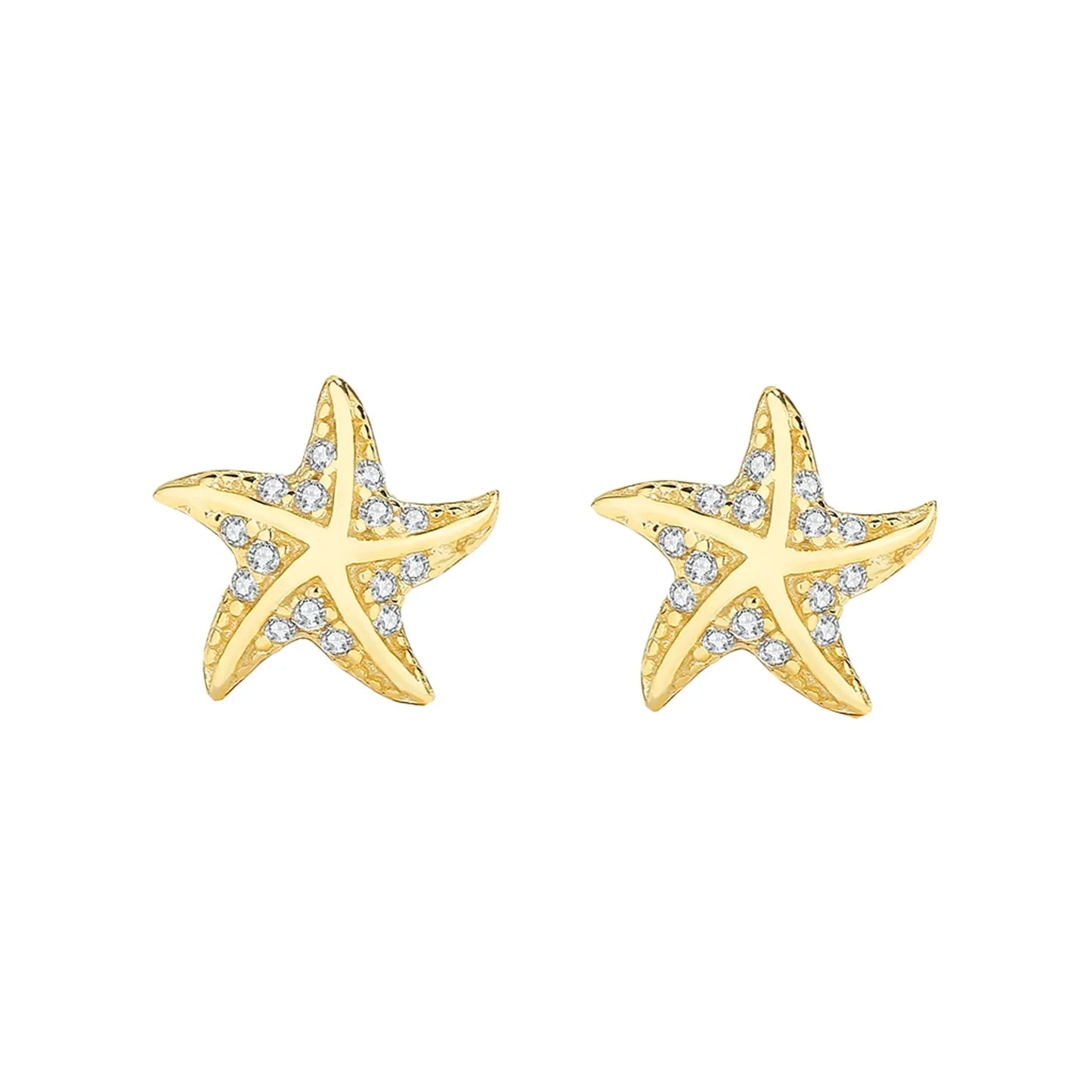 Pair of gold-tone starfish stud earrings with clear pavé stones on each arm, shown on a white background.