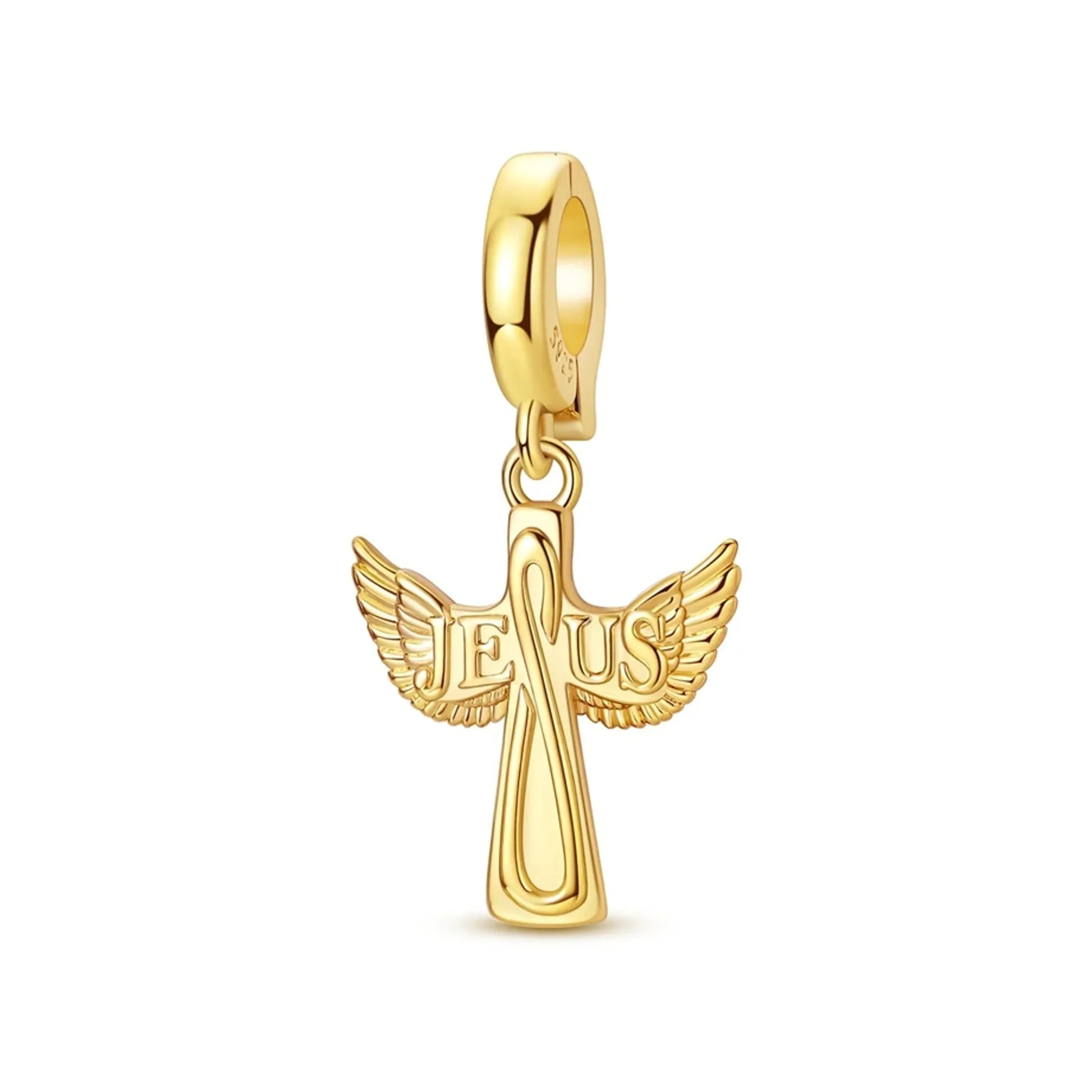Gold-tone winged cross dangle charm with sculpted feathered wings