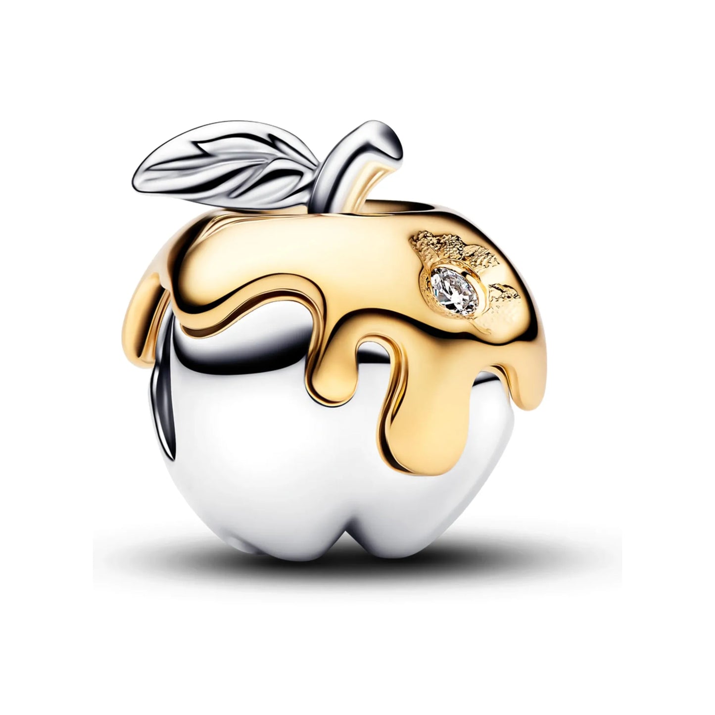 apple dangle charm with gold-tone drip detail and a small clear stone accent