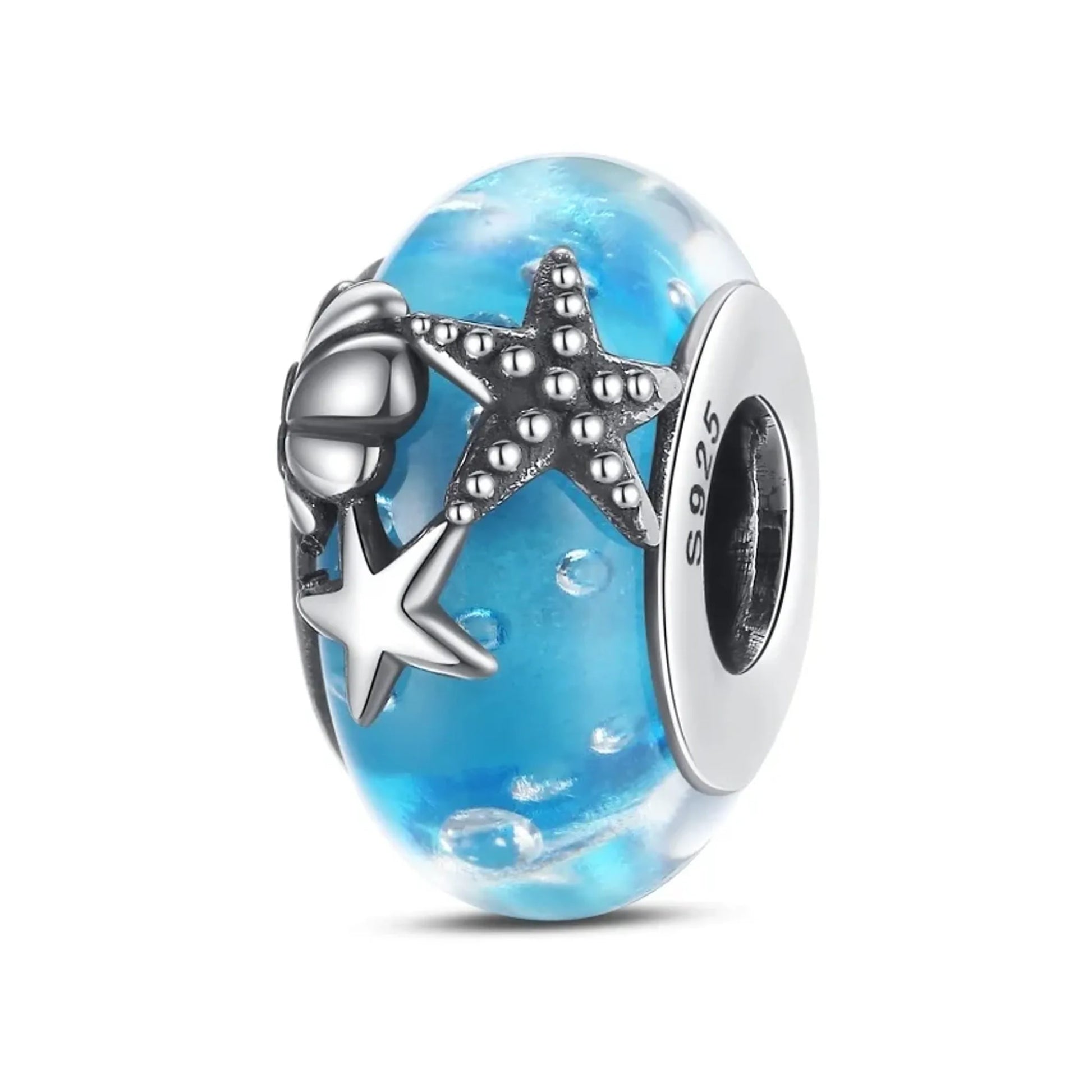 Blue glass bead charm with silver-tone starfish and shell details