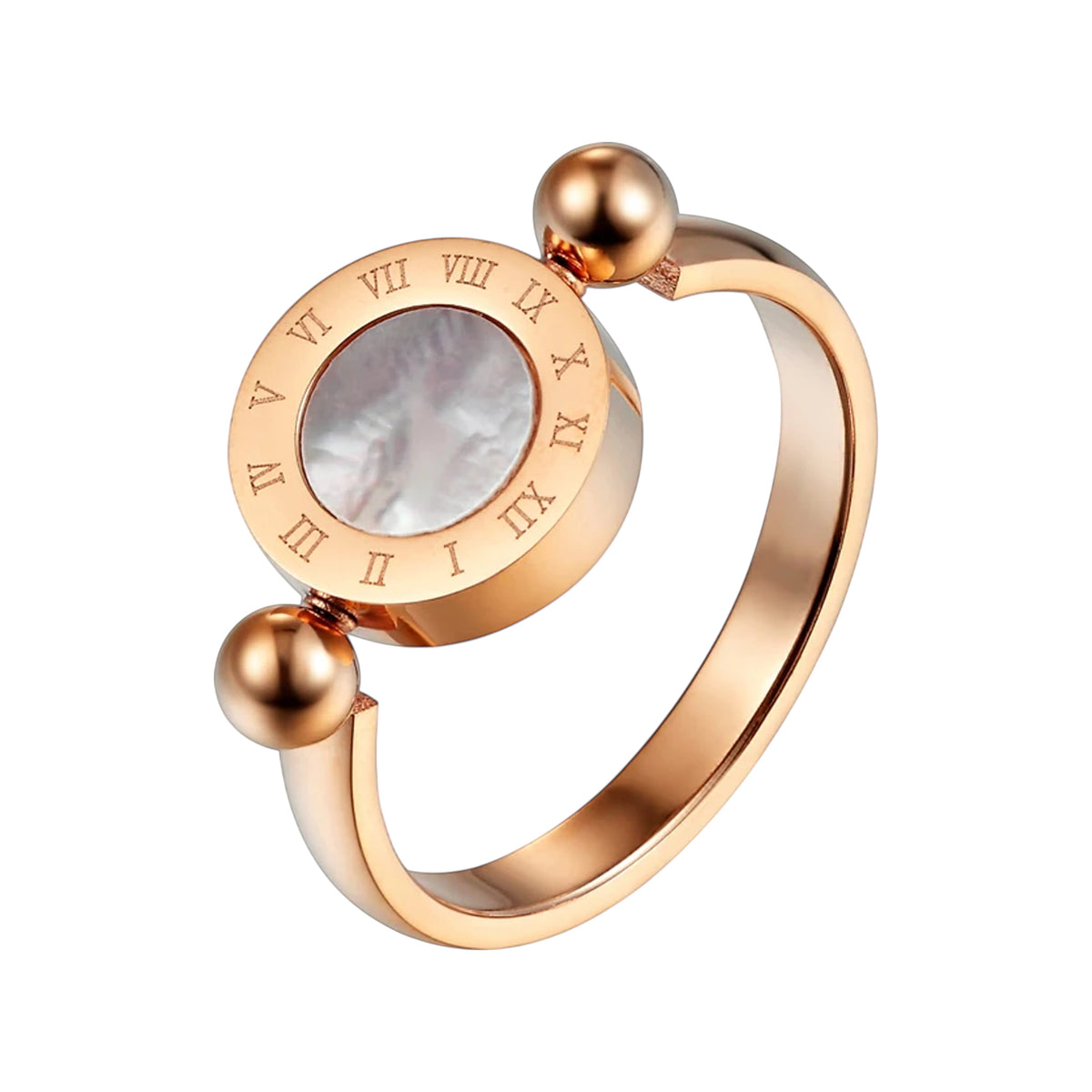 Gold-tone Roman numeral spinner ring with mother-of-pearl inset photographed on white