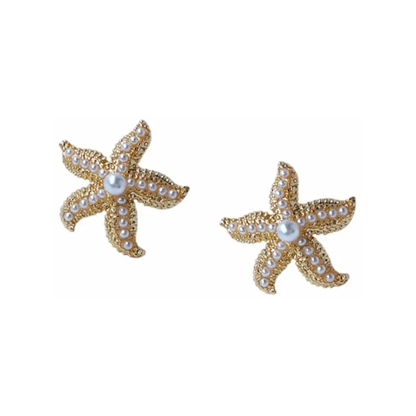 Gold-tone starfish stud earrings with pearl-like beads and a larger center bead