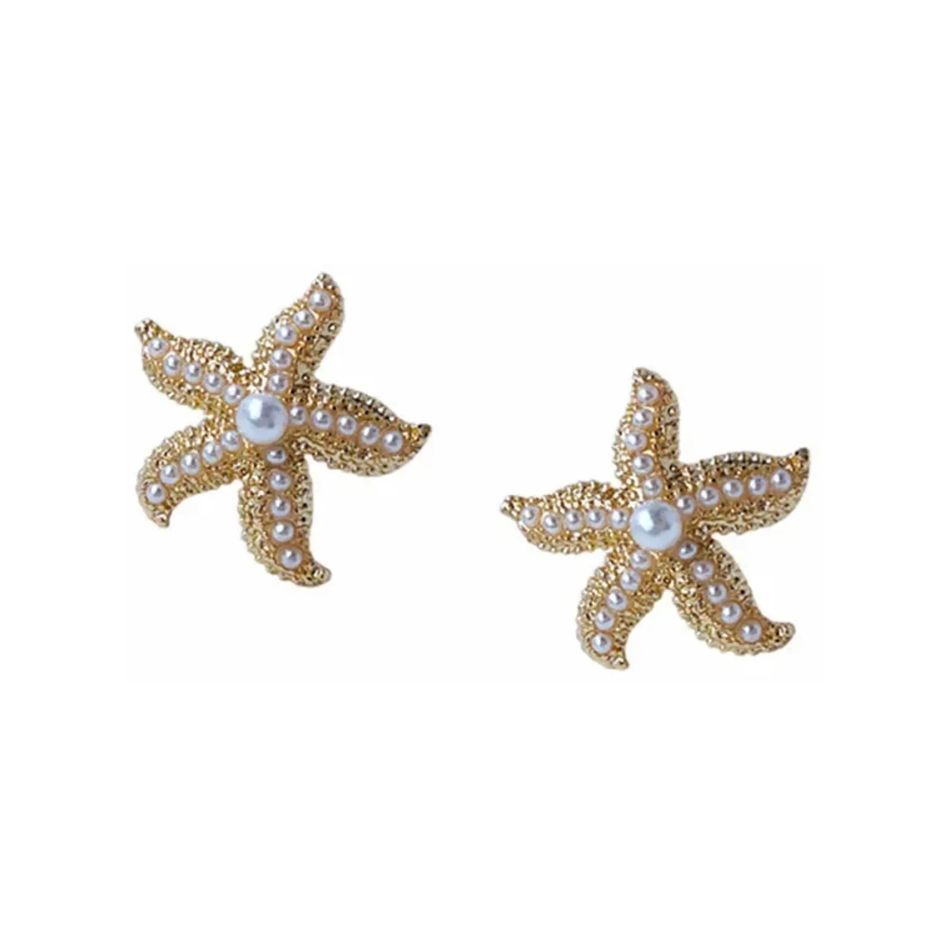 Gold-tone starfish stud earrings with pearl-like beads and a larger center bead