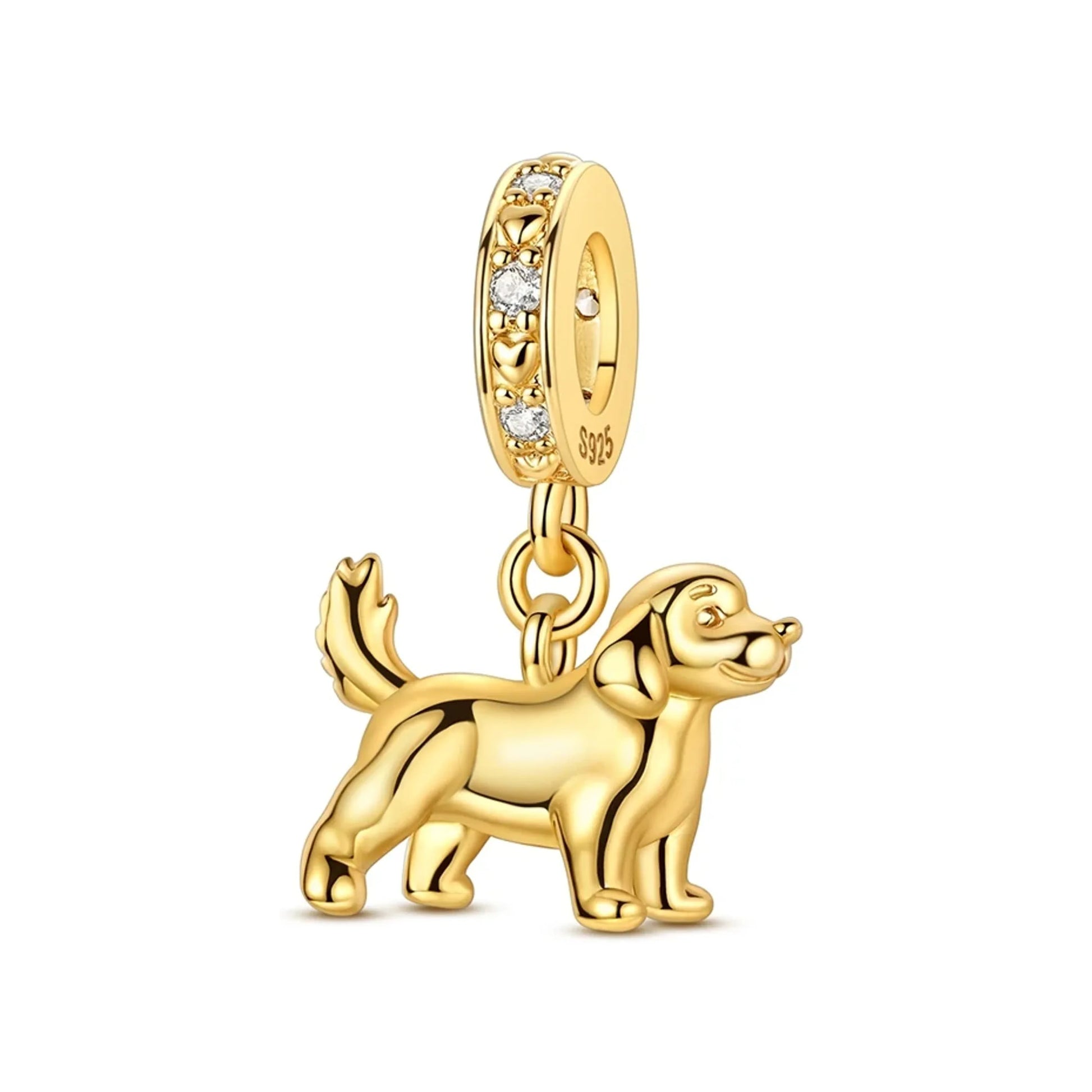 Gold-tone dog dangle charm with polished finish and decorative stone-set bail