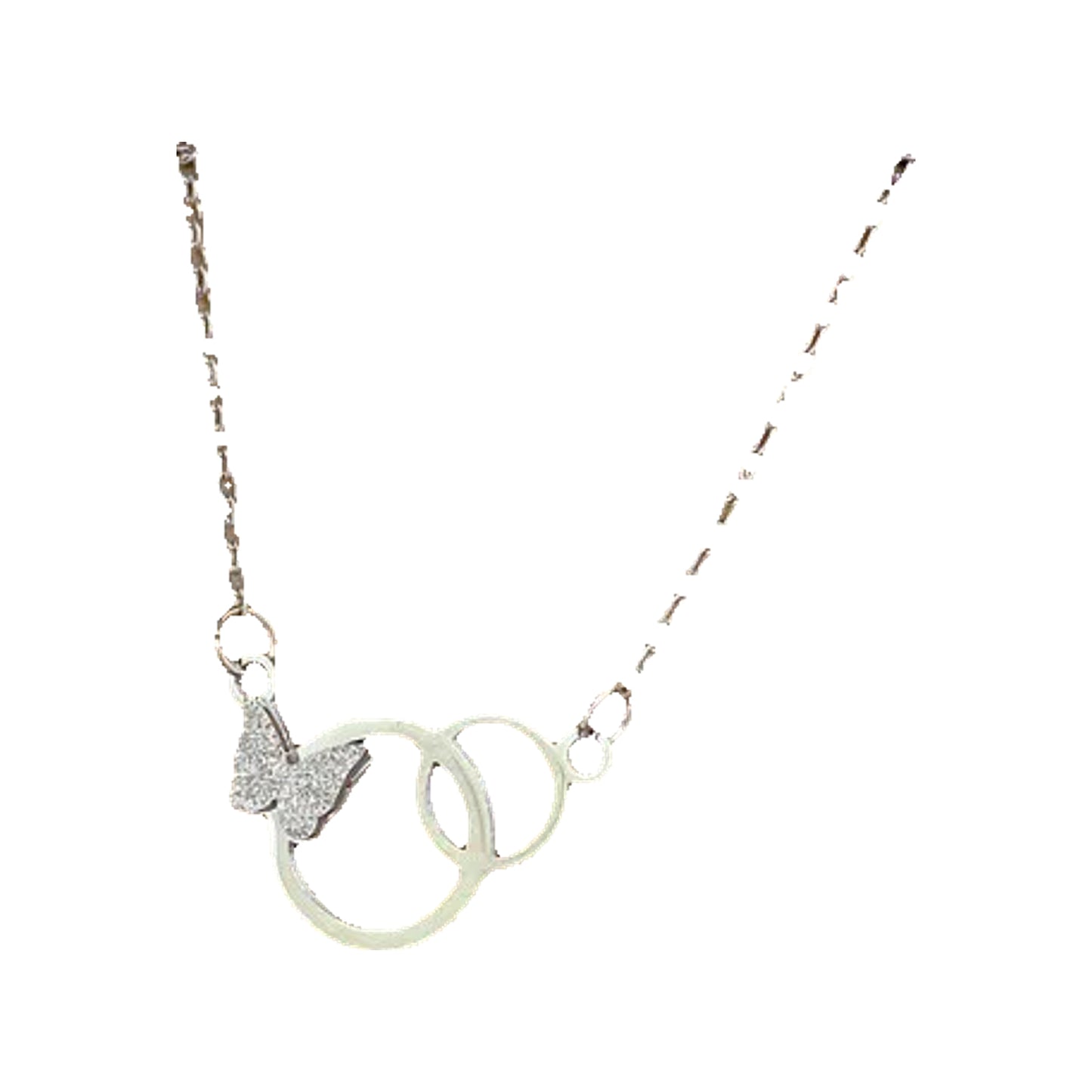 Silver-tone double-ring pendant with pavé butterfly displayed in a jewelry box