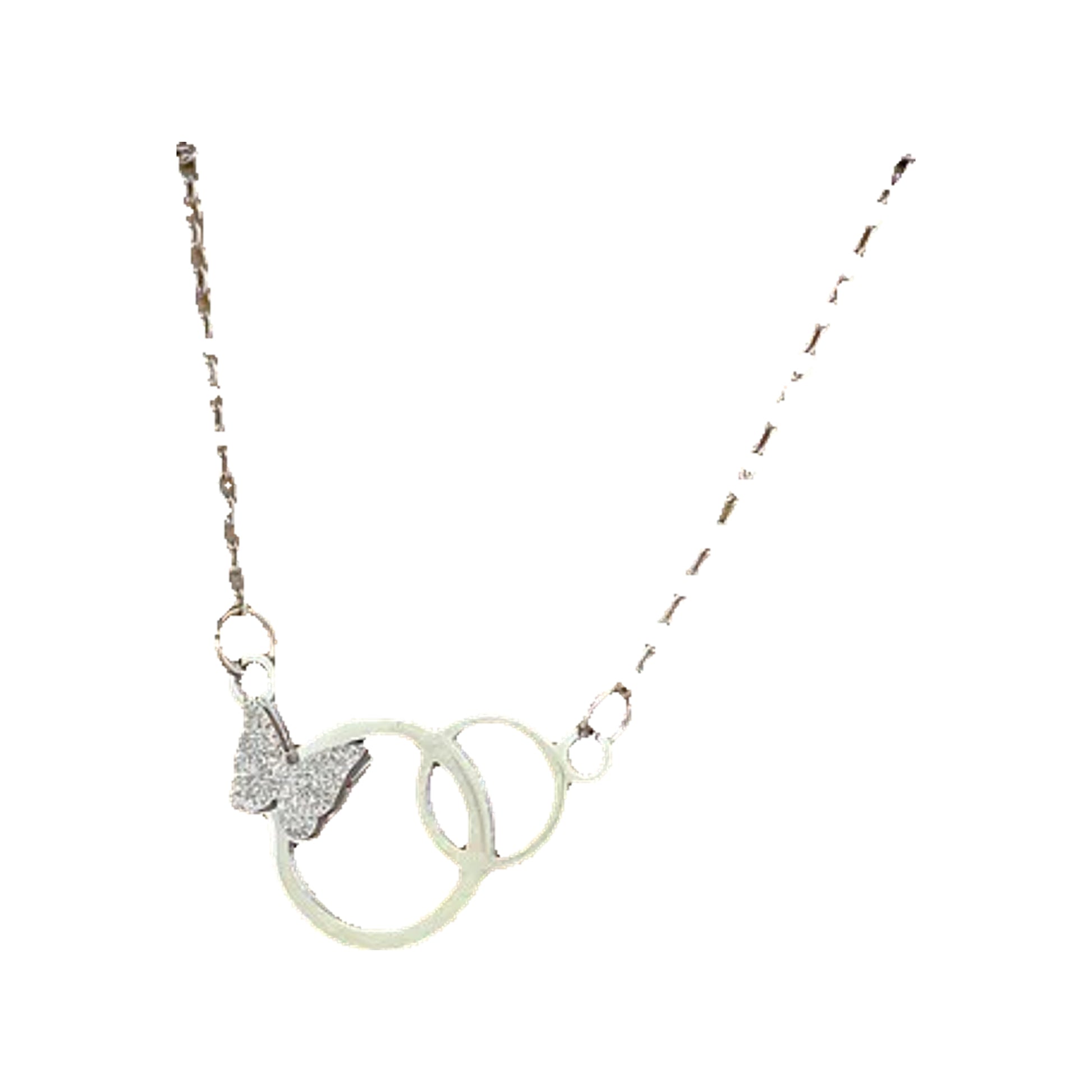 Silver-tone double-ring pendant with pavé butterfly displayed in a jewelry box