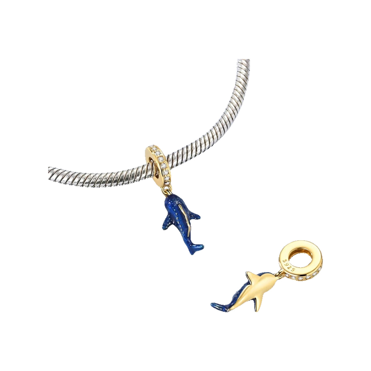 Two whale shark charms; one dangling from a bracelet and one shown from the reverse