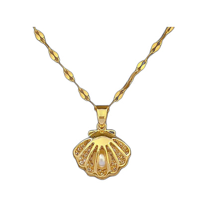 Frontal view of the gold-tone shell pendant with pearl accent suspended from a patterned chain